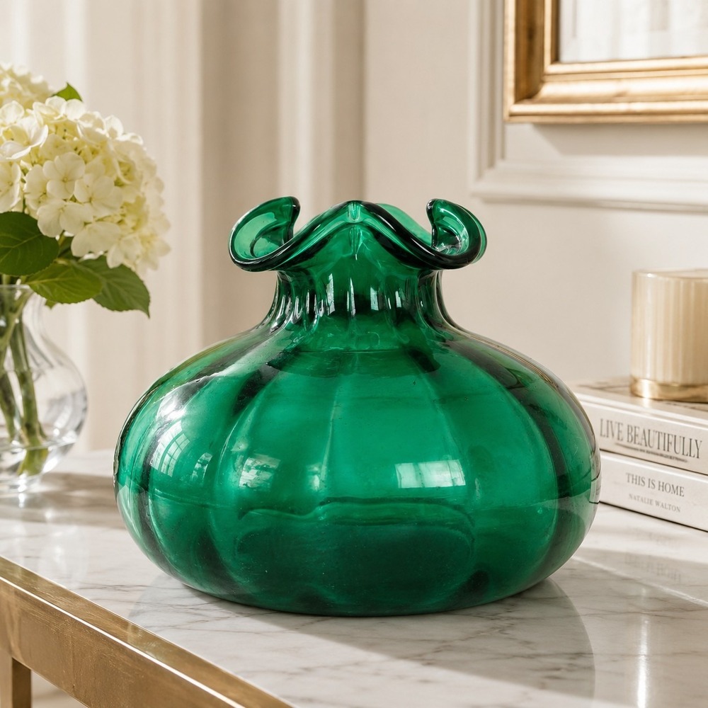 Vintage 1940s Beacon Glass Emerald Green Onion Vase Ruffled Rim Hand Blown